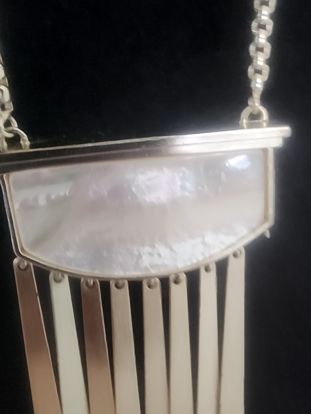 Gold Fringe Pendant Necklace with Mother-of-Pearl Inlay . One Missing Link - Picture 10 of 15